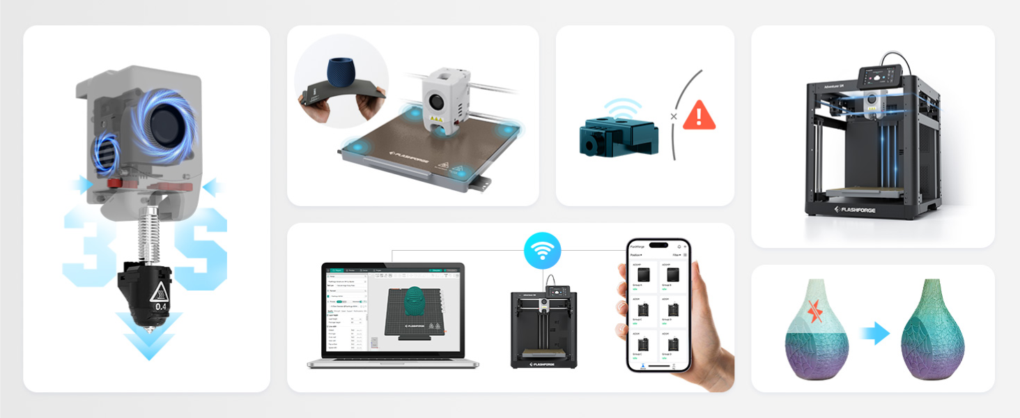 La Flashforge Adventurer 5M destaca por su instalación rápida, calidad de impresión constante incluso a alta velocidad y excelente relación precio-calidad en su categoría. Con un funcionamiento silencioso (~50 dB) y bajo mantenimiento, es ideal para entusiastas del mundo maker, talleres de diseño, instituciones educativas y usuarios que buscan una impresora 3D confiable para uso diario. Si buscas resultados profesionales sin complicaciones, esta impresora FDM combina velocidad, precisión y facilidad de uso en un diseño robusto y accesible.